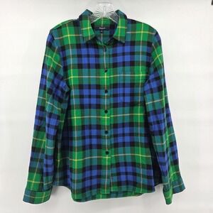 Madewell Flannel Shirt Large Bright Green Blue Plaid Cotton Preppy